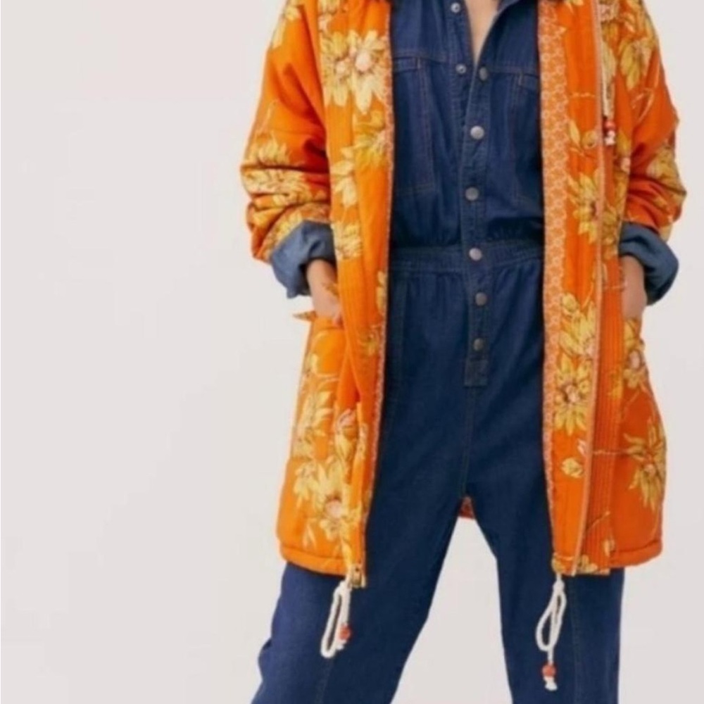 Free People Orange Floral Trench Coat